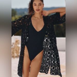 Anthropologie Cotton Fauxchet Robe Crochet Boho Duster Shawl Black Festival Sz M